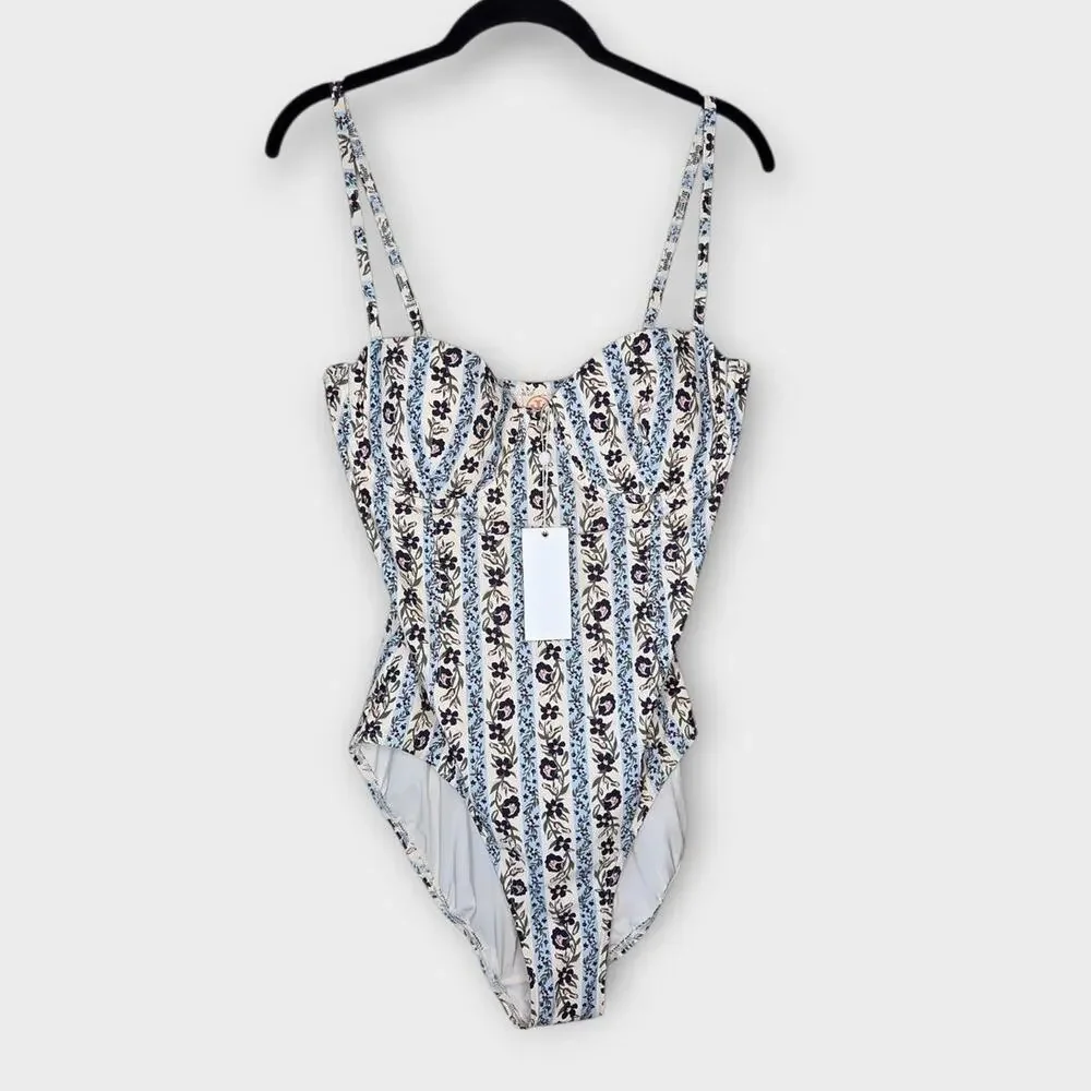 NEW Tory Burch Floral Underwire One Piece Swimsuit Blue White Beach Womens XL